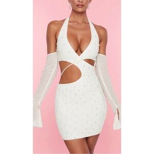 Oh Polly Marseilles Embellished Cold Shoulder Cut Out Mini Dress in White Size 6
